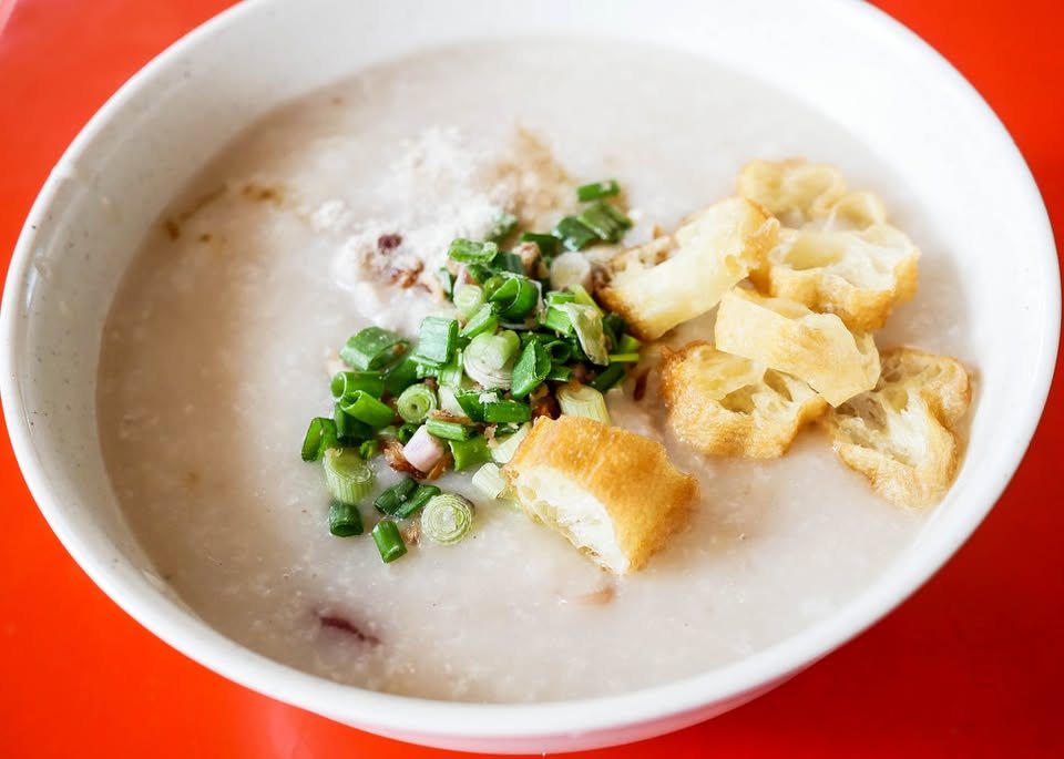 Bowl of Ming Kee Cantonese porridge with spring onion and youtiao, Clementi Singapore